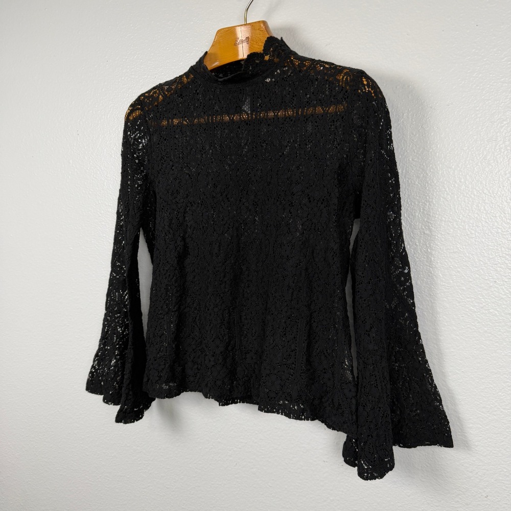 Adiva Womens L Black Lace Top Bell Sleeve High Neck Romantic Goth Blouse - Picture 4 of 14